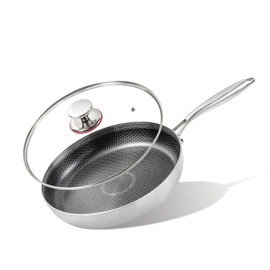 Yikinip 12 inch stainless steel frying pan with lid, hybrid non-stick skillet for induction, oven, broiler & dishwasher, non-toxic chef's pan, pfoa-free cookware