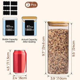 ComSaf 61oz Glass Storage Containers with Lids, Glass Jars with Lids, Clear Food Storage Jar, Square Glass Canister Set of 3, Pantry Organizers and Storage for Flour Rice Pasta Tea Coffee Bean