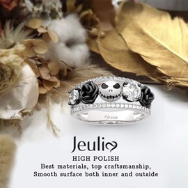 Jeulia 1.76 ct Skull Wedding Band 925 Sterling Silver Diamond Eternity Rings Rose Flower Engagement Rings Anniversary Promise Romantic Jewelry Gift (Silver and black, 6)