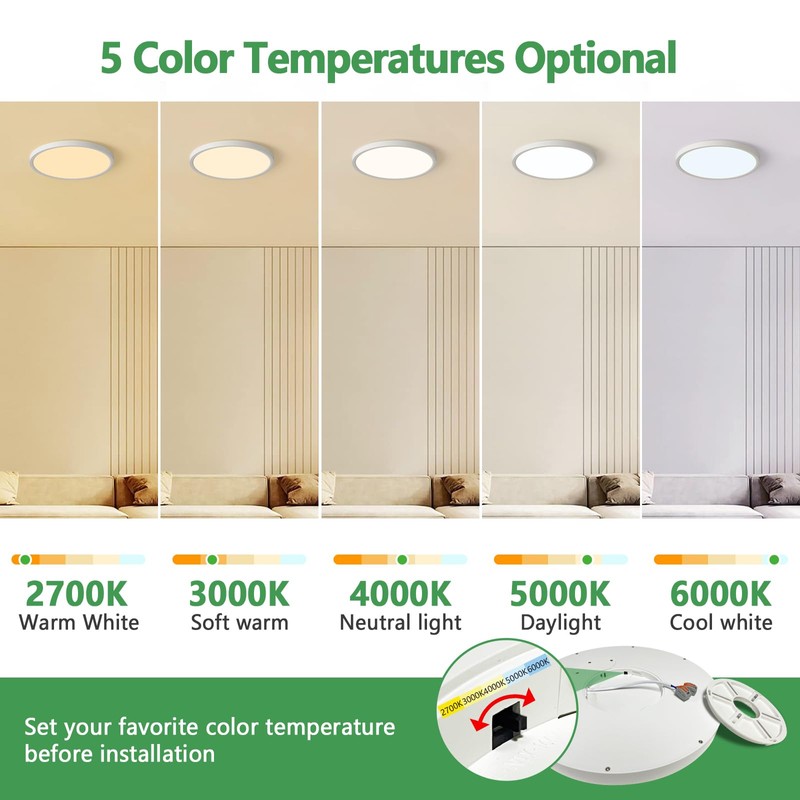 6PK Dimmable 12 Inch LED Flush Mount Ceiling Light, 24W,