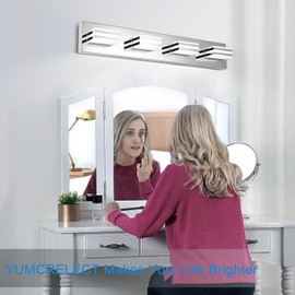 yumcrelect LED Modern Chrome Vanity Lights for Bathroom Over Mirror 24W 4 Light Restroom Light Fixture Above Mirror Acrylic Stainless Steel Wall Lighting Sconces(6000K)