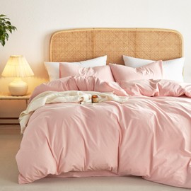 Wake In Cloud - Cotton Duvet Cover Set, Queen Size, Light Blush Pink, 100% Washed Cotton, Linen Like Textured, Breathable Percale Durable Comfy Farmhouse Neutral Bedding Set, 3 Pieces