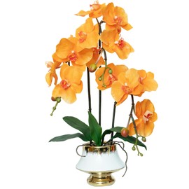 CXGS Orchids Artificial Flowers Realistic Fake Flowers in Ceramic Vase 20" Orange Faux Plants Indoor Lifelike Soft PU Phalaenopsis for Centerpiece Hotel Home Decor