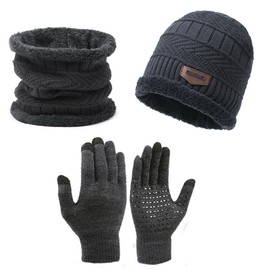 ZQSFPK 3 in1 Winter Hat Scarf Gloves Set, Thermal Fleece Lined Beanie Hat Scarf Set and Touch Screen Gloves, Neck Warmer Snood Set, Outdoor Sports Thicken Soft Fleece for Men Women