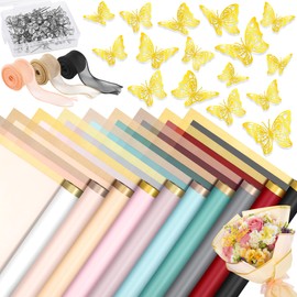 Aodaer 523 Pcs Flower Bouquet Wrapping Paper Waterproof Floral Wrap Florist Supplies with Crystal Corsage Pins and Satin Ribbons 3D Butterfly Decorations for Mother's Day Valentines DIY Craft