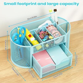 Chumix Desk Organiser, Office Organiser with Drawer and Pen Holder, Non-Slip Mesh Metal Desk Organiser, Space Saving, Para, Home, School, Office (Light Blue)