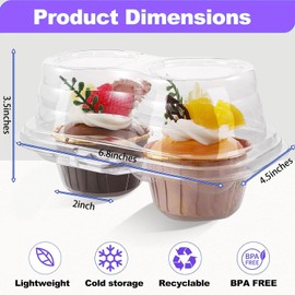 PLMMOUT 50Pack 2 Compartment Cupcake Containers,Stackable Cupcake Boxes,2 Cavity Clear Cupcake Holder,Deep Dome Cupcake Carrier with Lid for Cupcakes Muffins Pies,BPA-Free