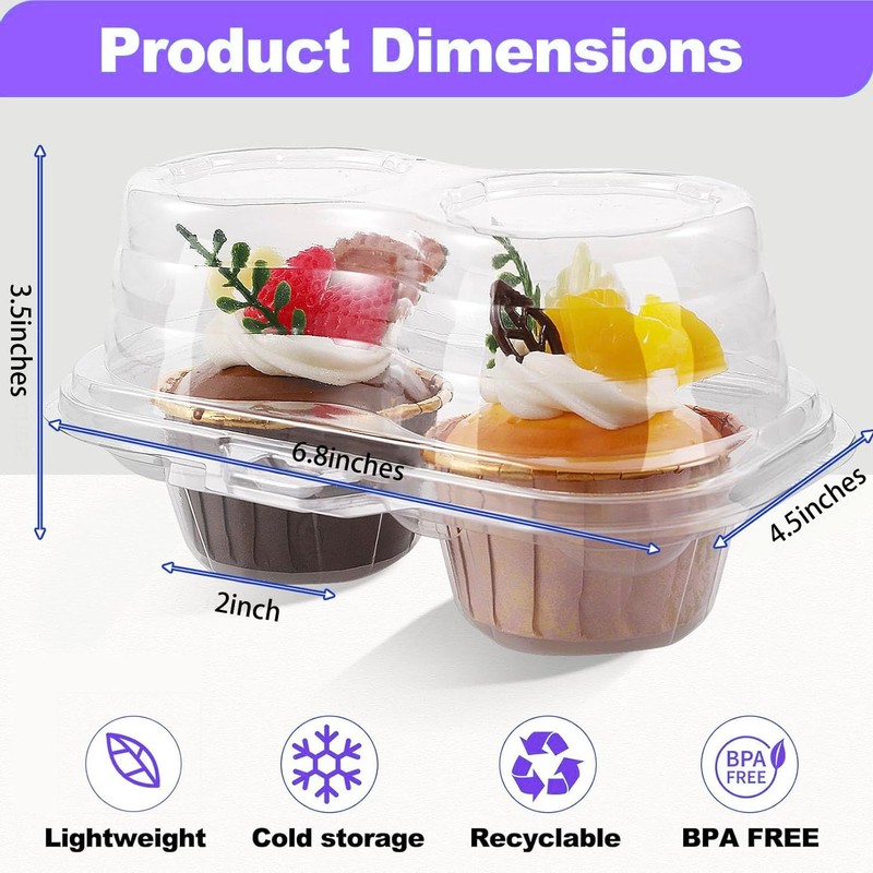PLMMOUT 50Pack 2 Compartment Cupcake Containers,Stackable Cupcake Boxes,2 Cavity Clear