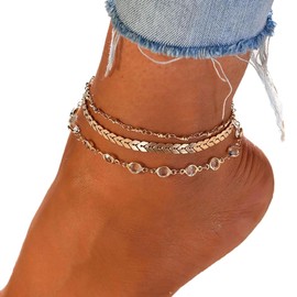 Prosy Layered Ankle Leaf Ankle Bracelet Beads Chain Crystal Summer Foot Jewellery Accessories for Women and Girls (Gold)