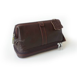 1541 London Hand-Crafted Frame Top Zip Leather Travel Washbag (Dark Brown)