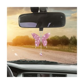 KHGUZ Bling Butterfly Car Accessories, Crystal Rhinestone Vehicle Rear View Mirror Charms, Lucky Diamond Auto Interior Hanging Ornament Pendant for Women Girls, Universal for Most Cars (Pink)