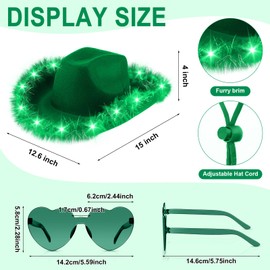 Zhanmai 6 Pieces Cowgirl Light up Hat with Feather Boa, 6 Pieces Heart Sunglasses Set for Girls Bachelorette Costume Party(Green)