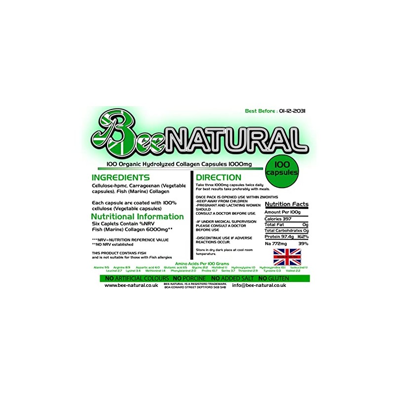 100 Hydrolyzed Collagen Capsules 1000mg Bee-natural