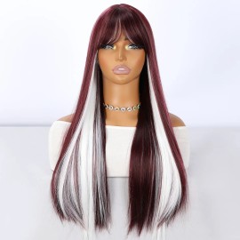 Smilco New Burgundy Highlights White Highlights 28-inch Synthetic Wig with Bangs Heat-resistant Synthetic Straight Hair SM408-8color: Wine red highlights white, Stretched Length: 28 Inches