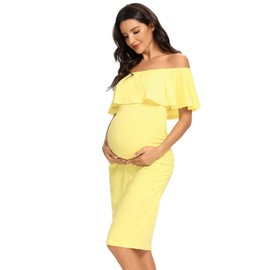 Jezero Women's Maternity Dress Off Shoulder Ruffle Sleeveless Bodycon Dress for Baby Shower Yellow