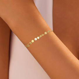 XAYAH 925 Sterling Silver Dainty Gold Coin Bracelets for Women 14K Gold Plated Stacking Coin Charm Chain Minimalist Lucky Bracelet Disc Discs Christmas Wedding Back to School Jewelry Gift for Her (Gold)