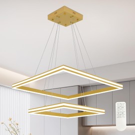 Mccokaige Gold Led Ring Chandelier 2 Ring Dimmable Square Chandeliers Adjustable Ring Light Modern Led Chandelier Contemporary Light Fixtures for Dining High Ceiling Entryway Living Room