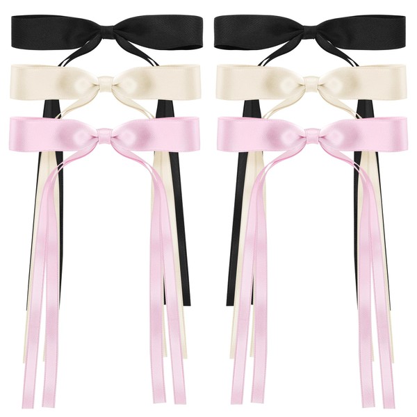 6Pcs Hair Bows for Women, Satin Ribbon Hair Bows with Metal Clips, Tassel Bowknot Hair Clips with Long Tail, Hair Barrettes with Bow Accessories（Black,Beige,Pink）