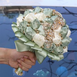 Mhojpik Bridal Wedding Bouquet Round Holding Bouquet Throw Toss Artificial Rose Flower Bunch for Bride Bridesmaid Wedding Quinceanera(Sage Green & Ivory, 7.1")