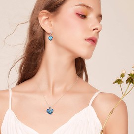 AOBOCO Women's Heart Earrings, 925 Sterling Silver Hoop Earrings Dangle with Blue Crystals, Birthday Gifts for Wife Mother, Sterling Silver Crystal, Crystal