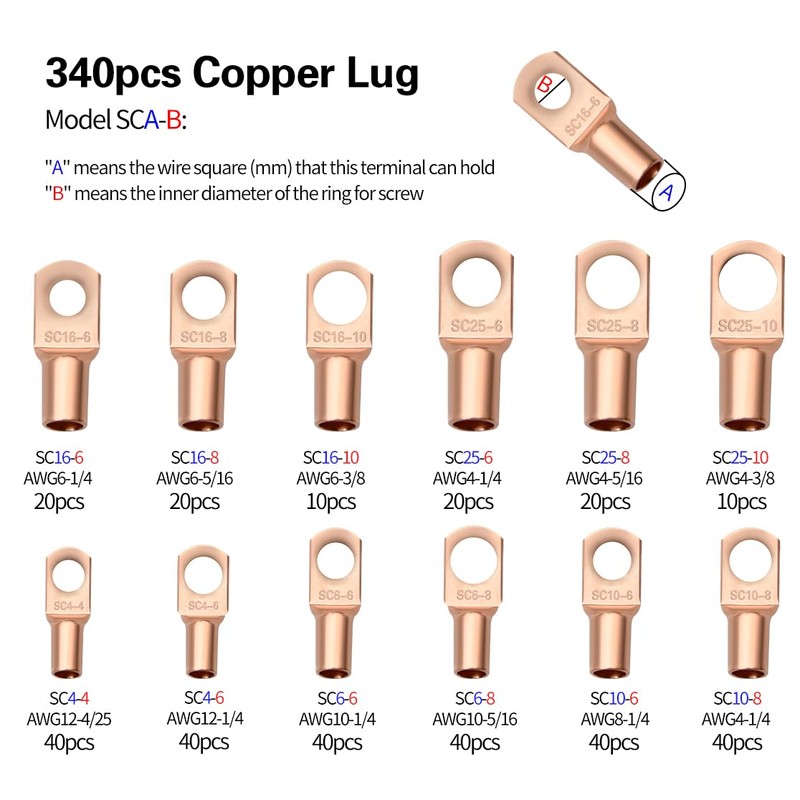 Battery Cable Wire Lug Crimping Tool Kit with 340pcs Copper