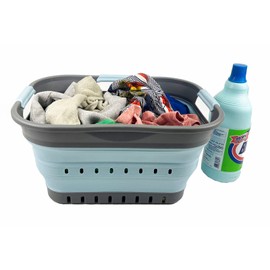 SAMMART 19L (5 gallon) Super Mini Collapsible 3 Handled Plastic Basket - Foldable Pop Up Storage Container/Organizer - Space Saving Hamper/Basket (Grey/Sea Angel)
