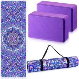 Tinideya 3 Pcs Yoga Mat Yoga Block 6 MM Thick Purple Yoga Mat Non Slip with Carrying Strap Travel Yoga Mat for Exercise, Yoga, Fitness, Pilates, Floor Workouts