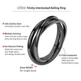 DURSI Trinity Interlocked Rolling Triple Ring for Women Girls Kids, Stainless Steel Cross Stacking Puzzle Ring for Fidget Anxiety, Minimalist Promise Engagement Wedding Ring (Black, Size 9)