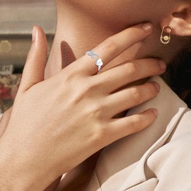 LOVPEPY Initial Letter Ring for Women, Silver Stackable Heart Butterfly Alphabet Rings with Initial Adjustable Crystal Inlaid always with you Rings Mom Mother's Day Graduation Friendship Gift, Metal,