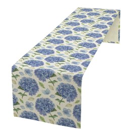 Camino de mesa de hortensias en acuarela, diseño de hojas azules, primavera, verano, temporada, mantel de tela, decoración de jardín, granja, boda, fiesta, día festivo, cena, hogar, 13 x 90 pulgadas