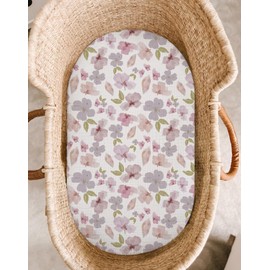 Bassinet Sheet for Baby Boy and Girl 2 Pack, Fitted Sheets for Rectangle, Oval, Hourglass Bassinet Mattress, Muslin Moses Basket Sheets with Neutral Style(Purple Petals & White)