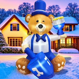 AerWo Inflatable Bear Holding Menorah & Dreidel with LED Lights - Hanukkah Decorations for Indoor/Outdoor Use