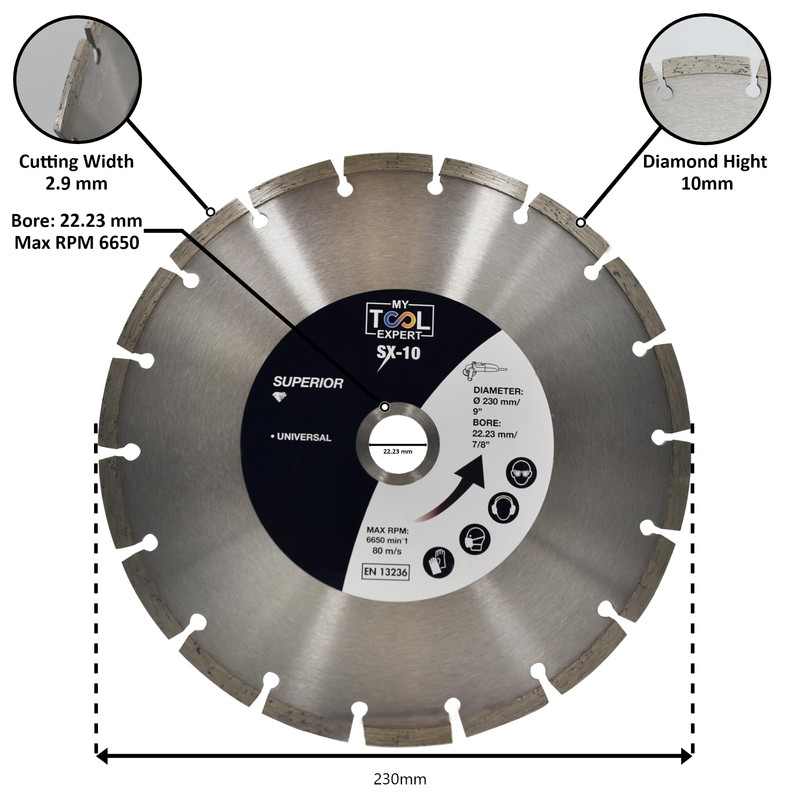 230mm Diamond Cutting Discs for Angle Grinder, SX-10 Superior Diamond