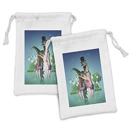 Ambesonne Modern Fabric Pouch Set of 2, Scary Dinasor in Circus Holding Dancinr with a Ballerina with Stars and Moon in Sky, Small Drawstring Bag for Toiletries Masks and Favors, 9" x 6", Multicolor