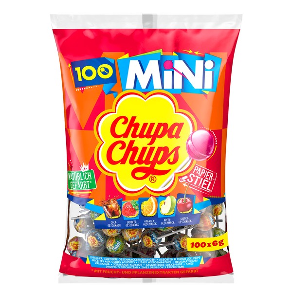Chupa Chups 100 x 6g Mini Classic Lollipop Bags - Contains 100 Mini Lollipops in 5 Flavours - Cola, Orange, Strawberry, Apple & Cherry