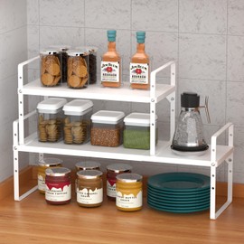 ARCCI Expandable Cabinet Shelf Organizers 2 Pack, Stackable Metal Pantry Storage Shelves Rack, Adjustable Kitchen Counter Shelf for Cabinets, Countertop, Cupboard Organizers and Storage, White