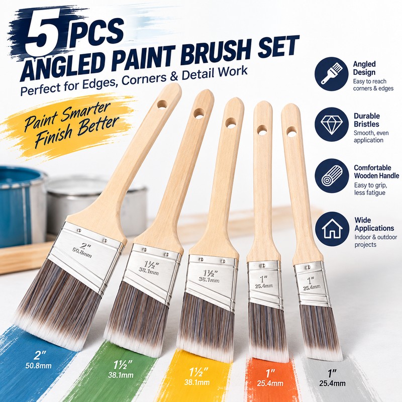 5-Piece Angled Paint Brush Set – Wood Handle Polyester Trim