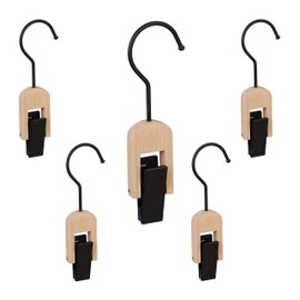 Relaxdays Set of 5 Rubber Coated Clothes Clips with Hooks for Cloths and Hats, Made of Wood and Iron, Black / Natural