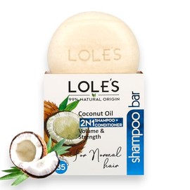 Barra de Champú y Acondicionador LOLE'S, 2en1 con Aceite de Coco para Cabello Normal, Volumen y Fuerza, 99% de Origen Natural, Obtenido de Manera Sost