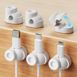 gliship 6 Pack Magnetic Cable Clips, Smooth Adjustable Cell Phone Cord Holder with Shoe-Shaped, String Light Clips for Home, Office, Wall, Nightstand, Birthday Banner, Colorful Lights-White