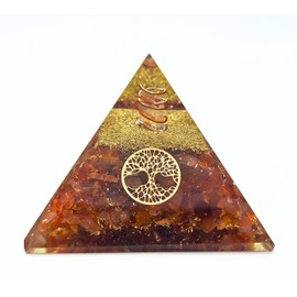 Orgonit Pyramide mit echten Edelsteinen Energieharmonisierung mit Heilsteinen Kupferspirale Lebensbaum | Energie Schutz Glück Harmonie (Karneol (rot), 6 x 6 cm)