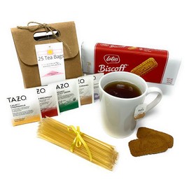 Tea and Cookies Gift Set – Tea Gift Set for Tea Lovers Includes 25 Tea Bags 5 Unique Flavors, Full Size Package of Crisp Belgian Cookies, 25 Pure Honey Straw Sticks with 14oz White Bistro Style Cup