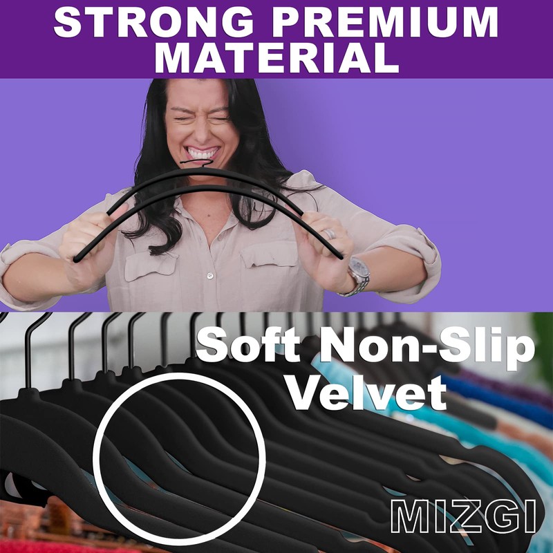 MIZGI Premium All Black Velvet Hangers with Black Hooks (50