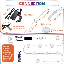 Lvyinyin RGBWW Curio Cabinet Display Light Kit, Under Above LED Pucks, Red Green Blue & True Warm White Color Changing, Remote Dimmer, Daisy Chain Linkable, 120V Hardwired & Plug-in, 8 Lights