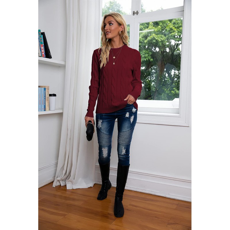 Breampot Women Cable Knit Jumper Casual Basic Long Sleeve Pullover