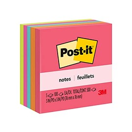 Post-it Notes, 3 in x 3 in, 5 Pads, America's #1 Favorite Sticky Notes, Cape Town Collection, Bright Colors (Magenta, Pink, Blue, Green), Clean Removal, Recyclable (654-5PK)