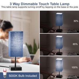 Sailstar Bedside Table Lamp for Bedroom, 3 Way Dimmable Touch Lamp with USB C+A Charging Ports, Small Nightand Lamps for Bedroom Decor, Living Room, LED Bulbs Included, Upgraded Navy Blue