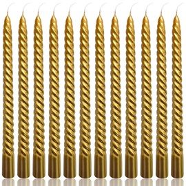 10 Inch Gold Spiral Taper Candles Set for Christmas, 12 Pack Unscented Twisted Candlesticks, Dripelss Thin Tapered Candles for Holiday Party Decoration