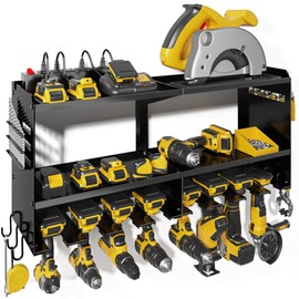 Spampur Power Tool Organizer Wall Mount with Charging Station, 15 Min Assembly & Maximum 420lb load by Heavy Duty Metal, 8 Slots for Cordless Drill, Tool Battery Holder with 6 Outlet Power Strip
