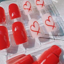 Heart Press on Nails Medium -Valentine's Day Elements Red Love Pattern Fake Nails Red Heart Designs Solid Color Artificial Nails Acrylic Valentine's Square Nails Cute Finger Manicure Decor for Women